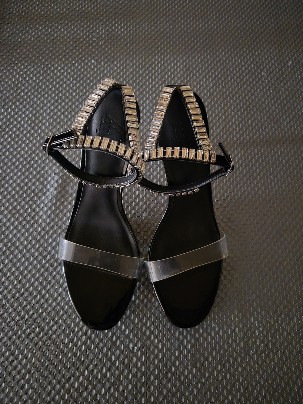 Black Jeweled Ankle-Strap Heels with Clear Toe Band
